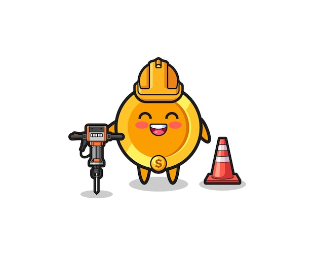 Road worker mascot of dollar coin holding drill machine cute design