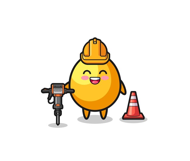 Road worker mascot of golden egg holding drill machine