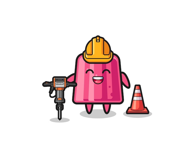 Road worker mascot of jelly holding drill machine