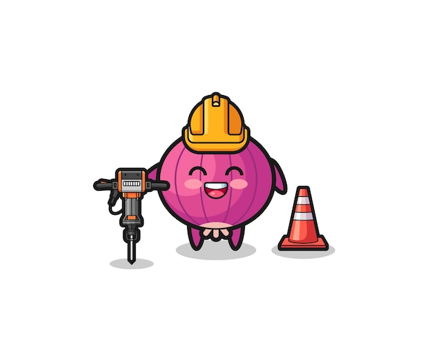 Road worker mascot of onion holding drill machine cute design