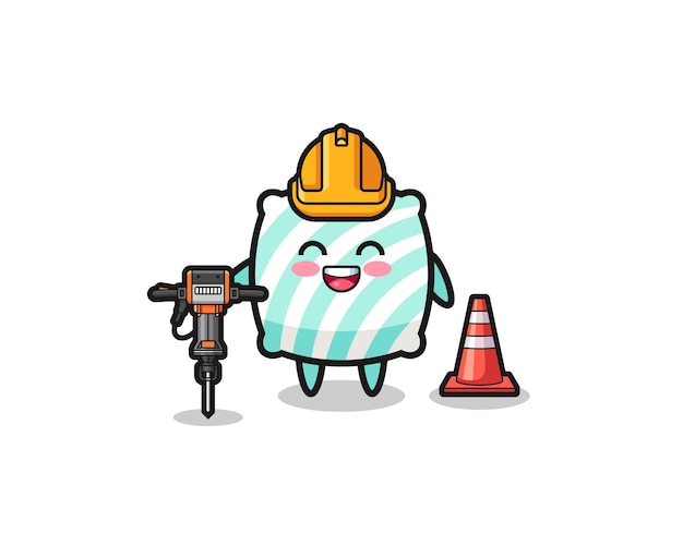 Road worker mascot of pillow holding drill machine  cute design