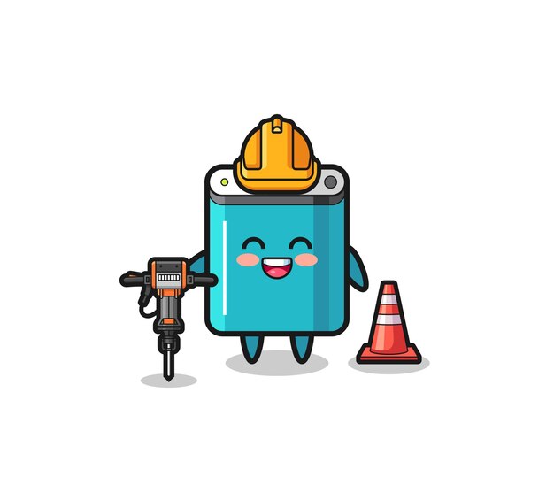 Road worker mascot of power bank holding drill machine