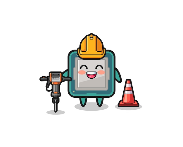 Road worker mascot of processor holding drill machine