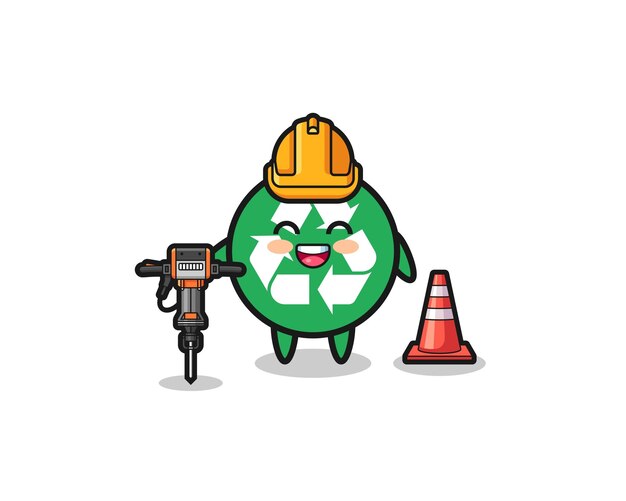 Road worker mascot of recycling holding drill machine