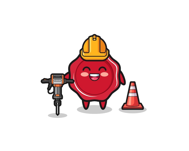 Road worker mascot of sealing wax holding drill machine cute design