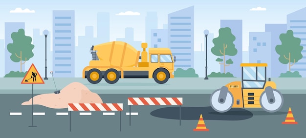 Vector road works. pavement repair with asphalt roller, concrete mixer and street barriers. city roads maintenance service machines vector concept. illustration repair road, industry construction