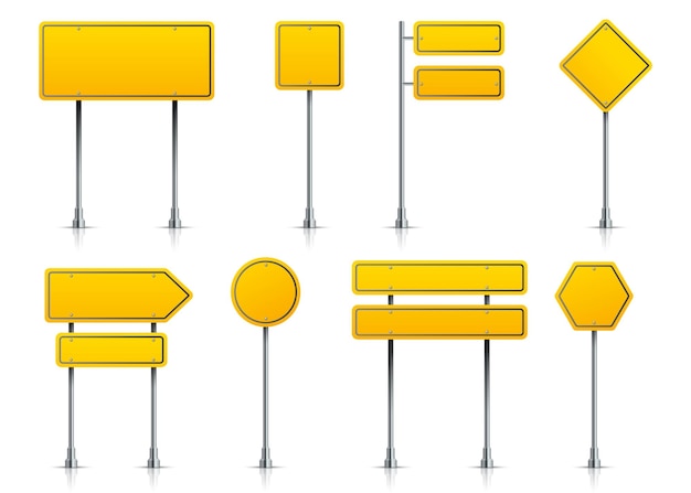 Road yellow sign Realistic highway signage on pole 3D roadside pointers Isolated types of blank signposts Guideposts set for regulation of traffic Vector signboards with copy space