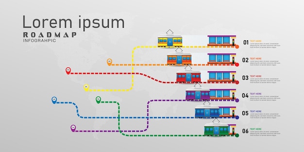 Roadmap and tram cars infographic vector illustration with colorful topic information direction target journey concept