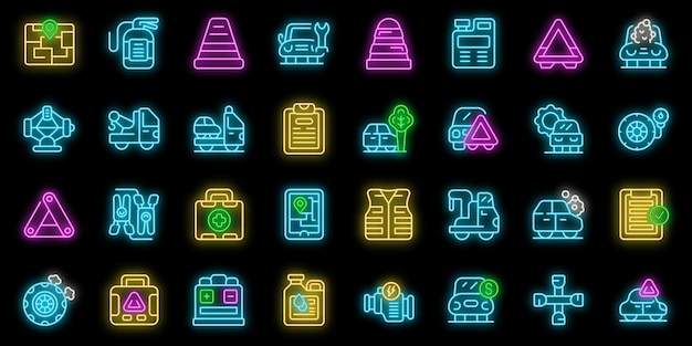 Roadside assistance icons set vector neon