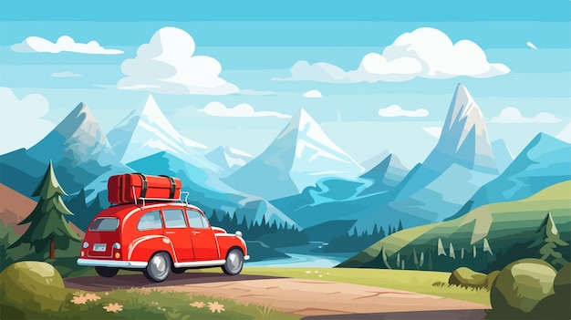 Vector roaming red car adventure in picturesque landscape