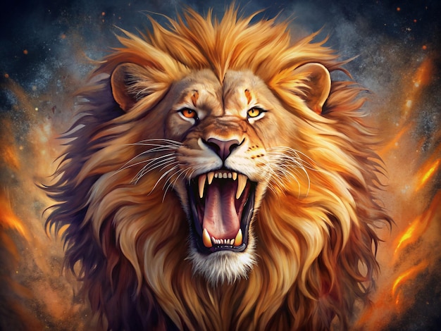 Roaring Lion with Fiery Background