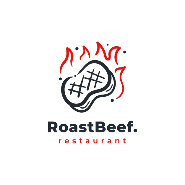 Vector roast beef barbeque icon logo doodle hand drawn fire beef restaurant minimalist illustration concept