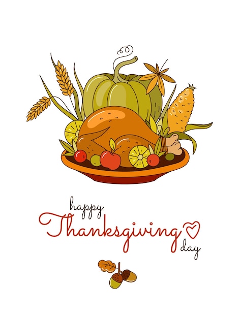 Roast turkey dish and pumpkin Thanksgiving card