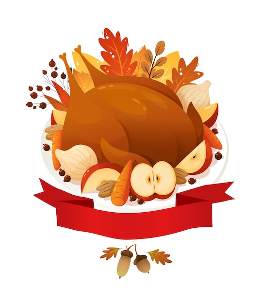 Roasted thanksgiving turkey on plate surrounded by fruit vegetables and decorated with leaves.