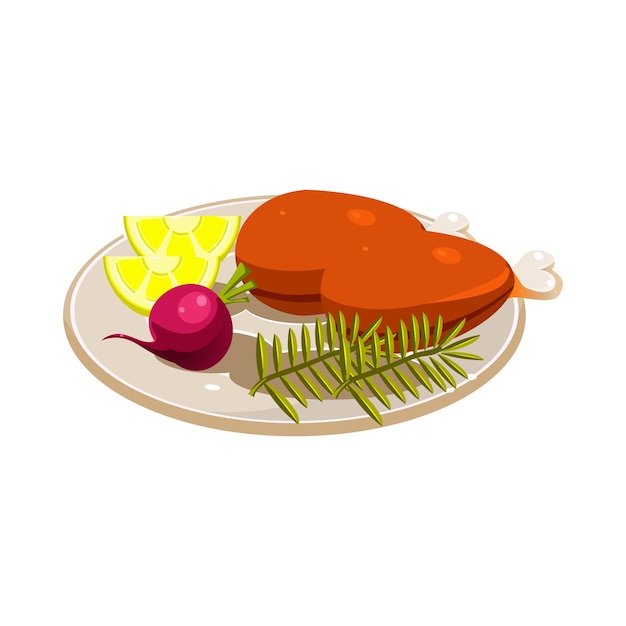 Roasted Turkey Ham with Vegetables and Apples on a Dish. Vector Illustartion