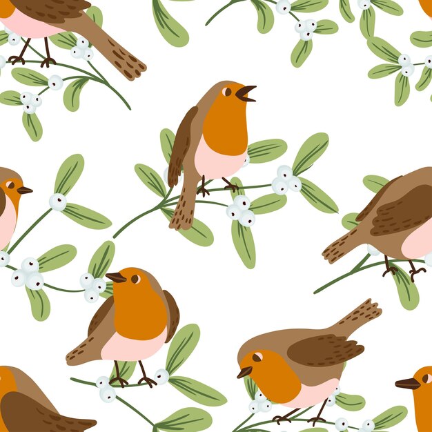 Robin birds and mistletoe vector seamless pattern Birds and pland winter christmas texture