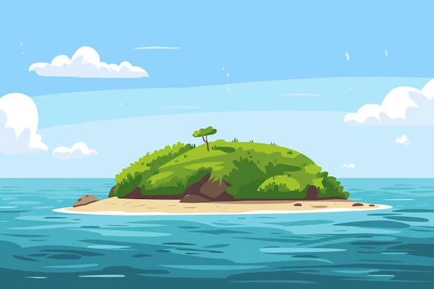 Vector robinson crusoe island uninhabited desert island in ocean sunny day tropical paradise landscape cartoon vector illustration