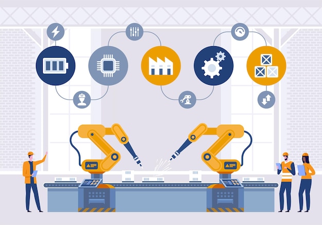 Vector robot arms machine in intelligent factory industrial on monitoring system software.