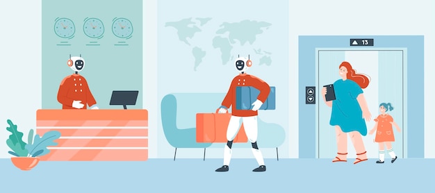 Robot as hotel staff helping family with baggage. Lobby interior with robotic receptionist at desk, cartoon guests at elevator flat vector illustration. Modern robots or technology, service concept