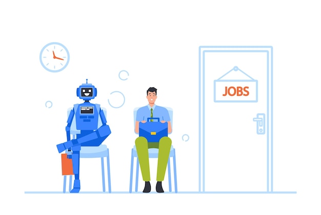 Robot and Businessman Sitting in Lobby Waiting Invitation for Job Interview Human and Machine Characters Hiring