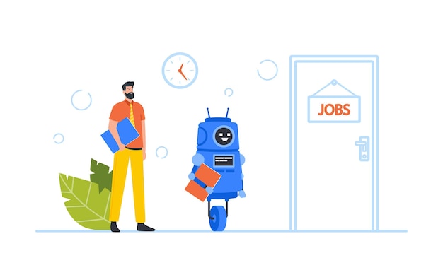 Robot and Businessman with Cv in Hand Waiting Invitation for Job Interview at Lobby Human and Machine Characters Hiring