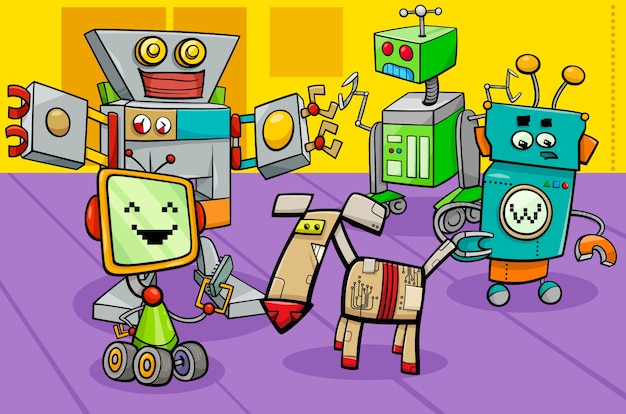 robot characters group cartoon illustration