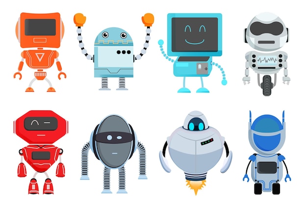 Robot characters vector set. Robotic characters isolated in white background with standing pose.