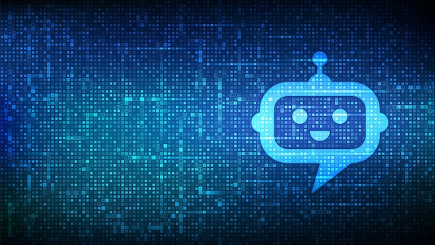 Robot chatbot head icon sign made with binary code. Chatbot assistant application. AI concept. Digital binary data and streaming digital code. Matrix background with digits 1.0. Vector Illustration.