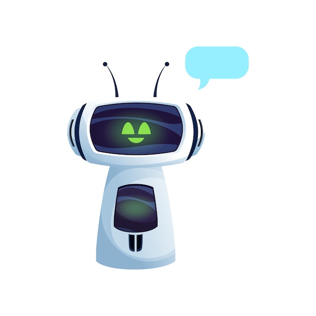 Robot or chatbot smart assistant and service center artificial intelligence helper isolated futuristic character Vector virtual AI online service support chat bot with message bubble and smiling face