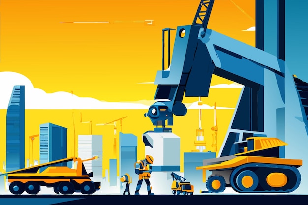 Vector robot construction worker building skyscrapers vector illustration