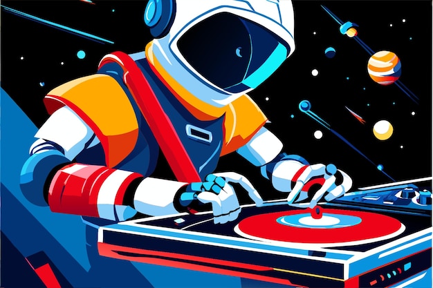 Vector robot dj spinning records in zero gravity vector illustration