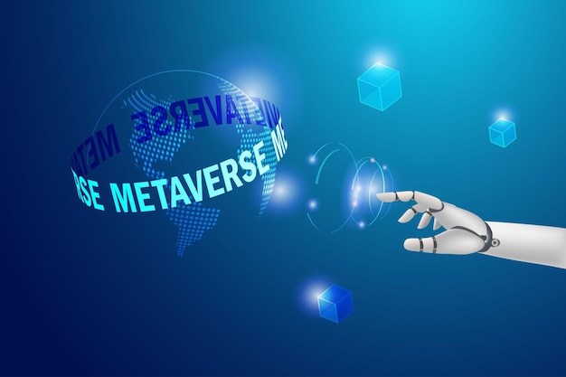 Robot hand touch world of metaverse virtual reality augmented reality and blockchain technology Artificial intelligence in transition of human and robot on metaverse network connecting