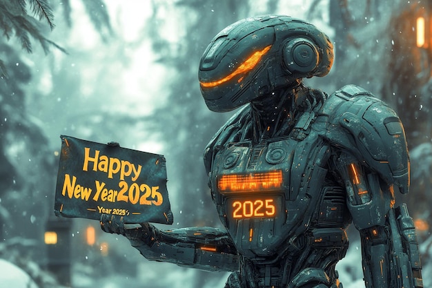 Vector a robot holding a sign that says happy new year on it