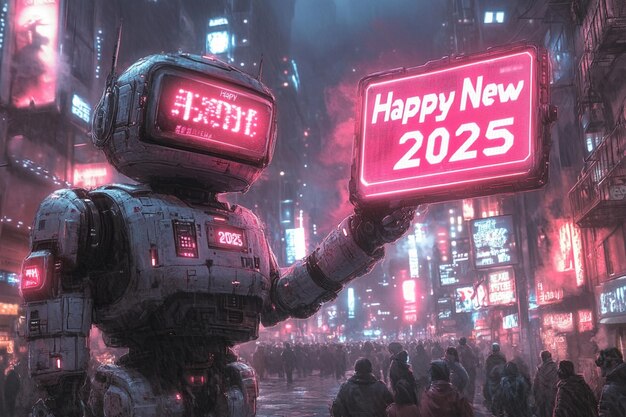 Vector a robot holding a sign that says happy new year on it