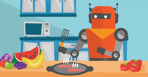 Vector robot housewife preparing breakfast at kitchen.