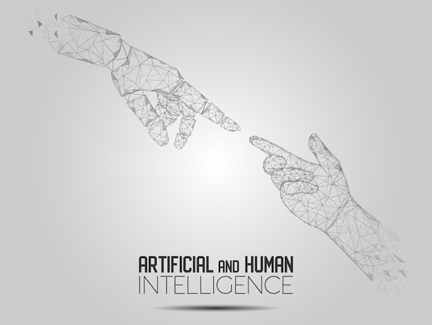 Robot and human touching hands vector polygonal background