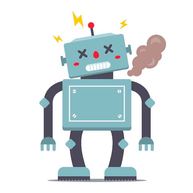 the robot is broken. smokes and sparkles. character  illustration