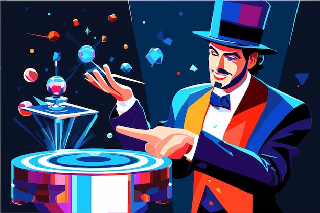 Vector robot magician performing futuristic illusions vector illustration