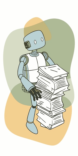 the robot parses a lot of paper documents vector illustration line circuit