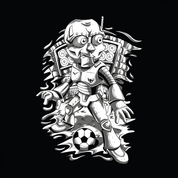 Robot Play Football Black and White Illustration