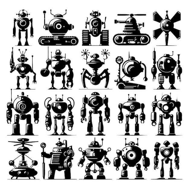 Vector robot silhouettes set large pack of vector silhouette design isolated white