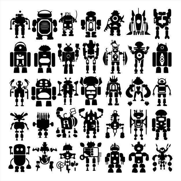 Vector robot silhouettes set large pack of vector silhouette white background