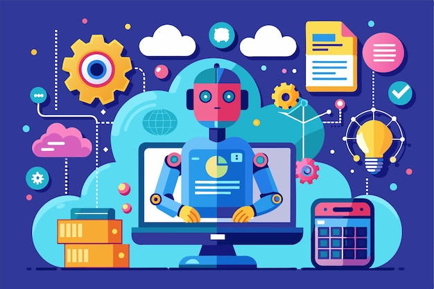 Vector robot and technology illustration with cloud computing concepts