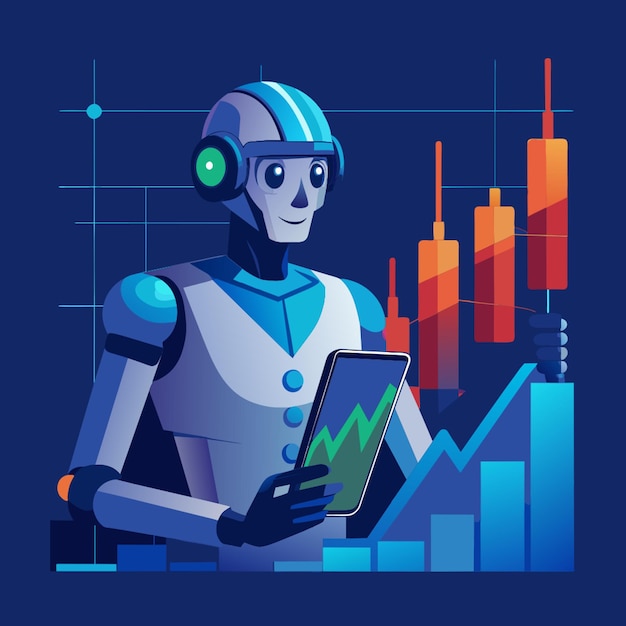 Vector robot trader ai for automation trading on stock market hand robot point at candlestick graph on