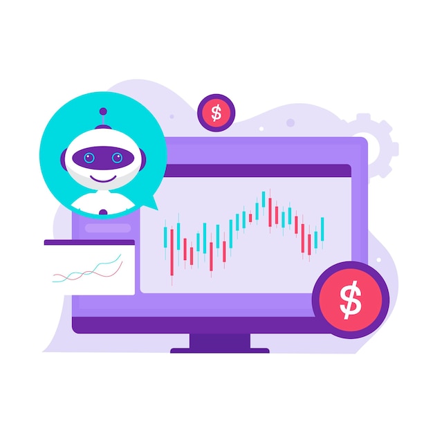 Vector robot trader assistant on stock market illustration design concept. illustration for websites, landing pages, mobile applications, posters and banners.