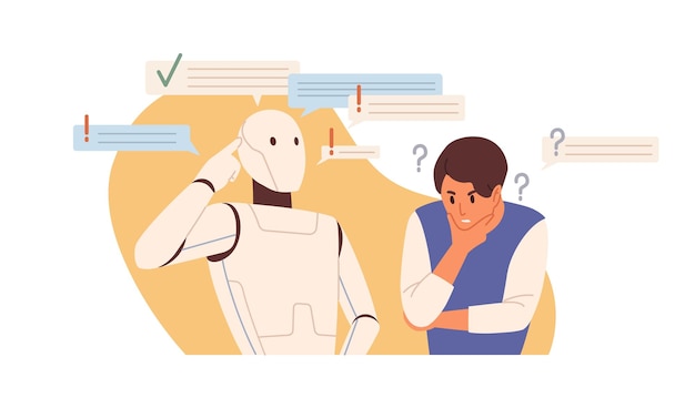 Robot vs human concept. Smart AI versus people's mental capacity. Artificial intelligence and person thinking and solving problems. Colored flat vector illustration isolated on white background.