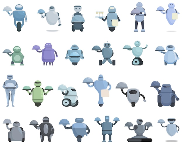 Robot waiter icons set cartoon vector Domestic service