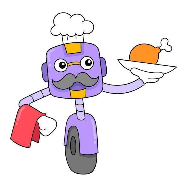 Robot waiter is bringing fried chicken to serve doodle icon image kawaii