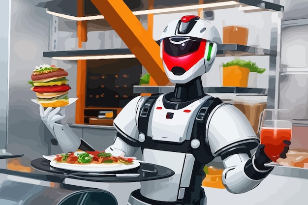 Vector robot waiter typically have tray serving illustration