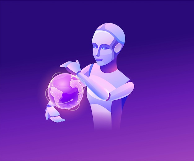 Vector robot watching earth, isometric 3d vector illustration, smart technology template, glowing globe icon, artificial intelligence managing transport system